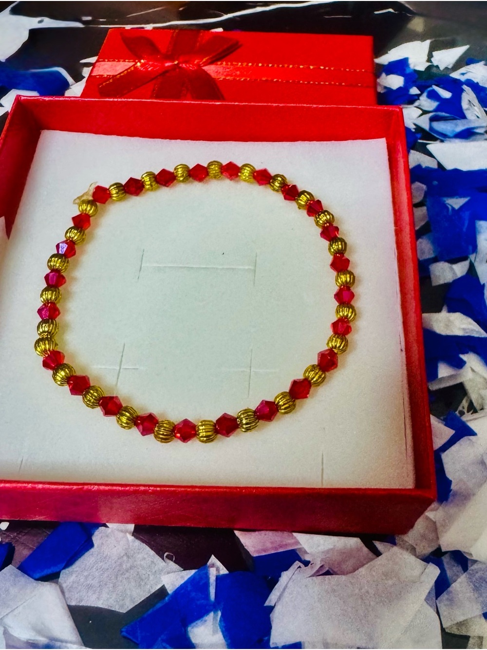 Gold and Red Beaded Stretch Bracelet